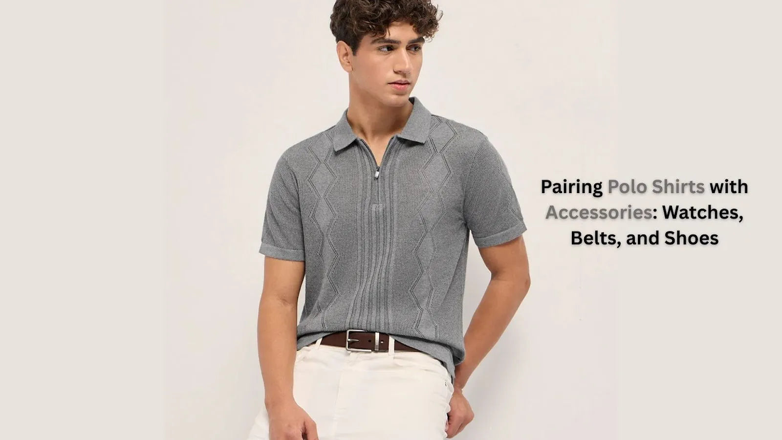 polo shirt styled with a classic watch, leather belt, and matching shoes