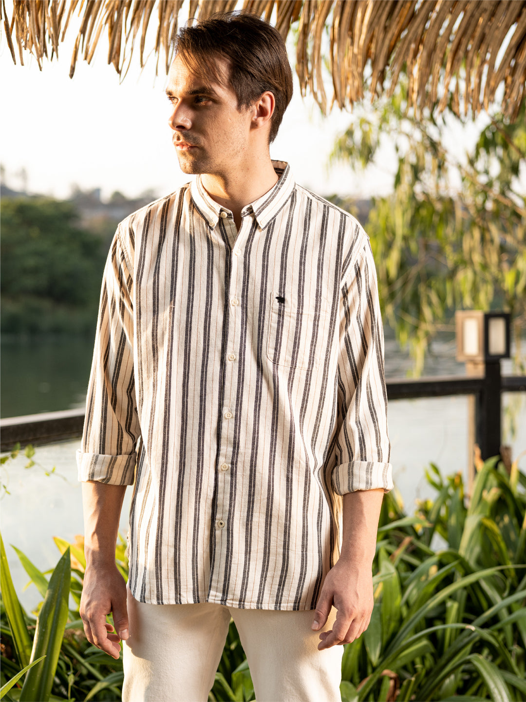 Men Cream Striped Slim Fit Cotton Casual Shirt by The Bear House