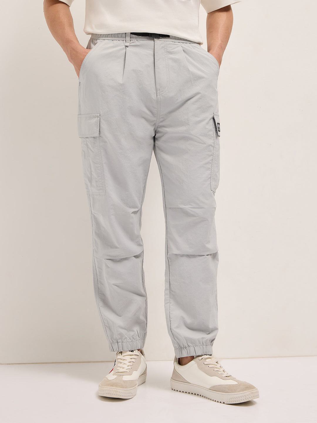 Grey Nylon Relaxed Fit Cargo Pants with Utility Pockets by The Bear House