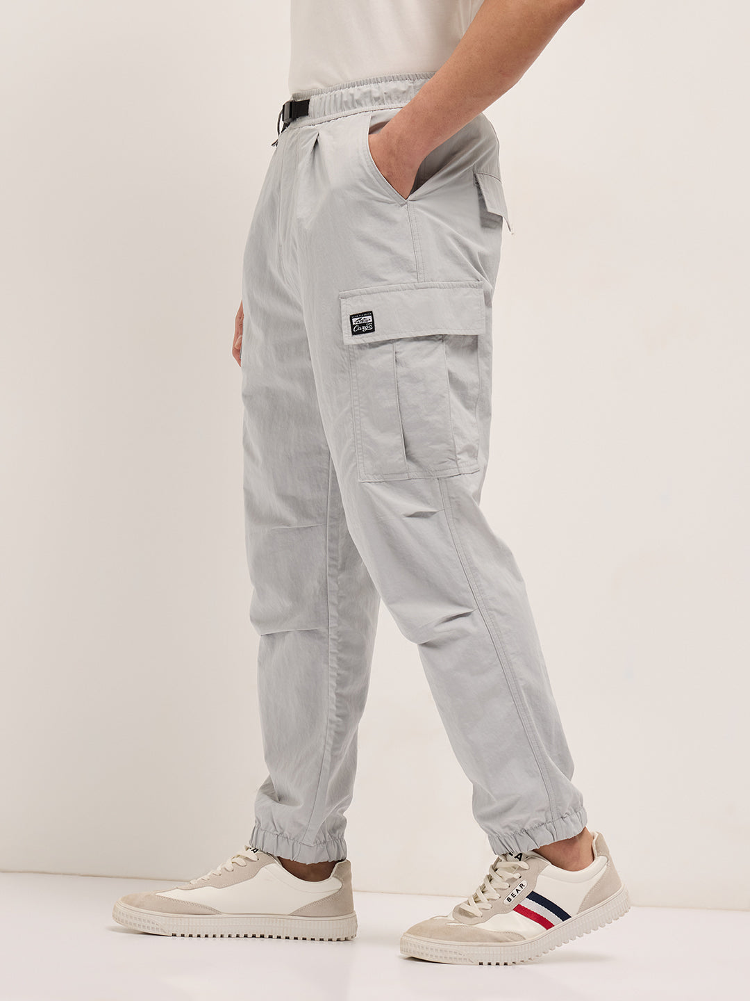 Grey Nylon Relaxed Fit Cargo Pants with Utility Pockets by The Bear House