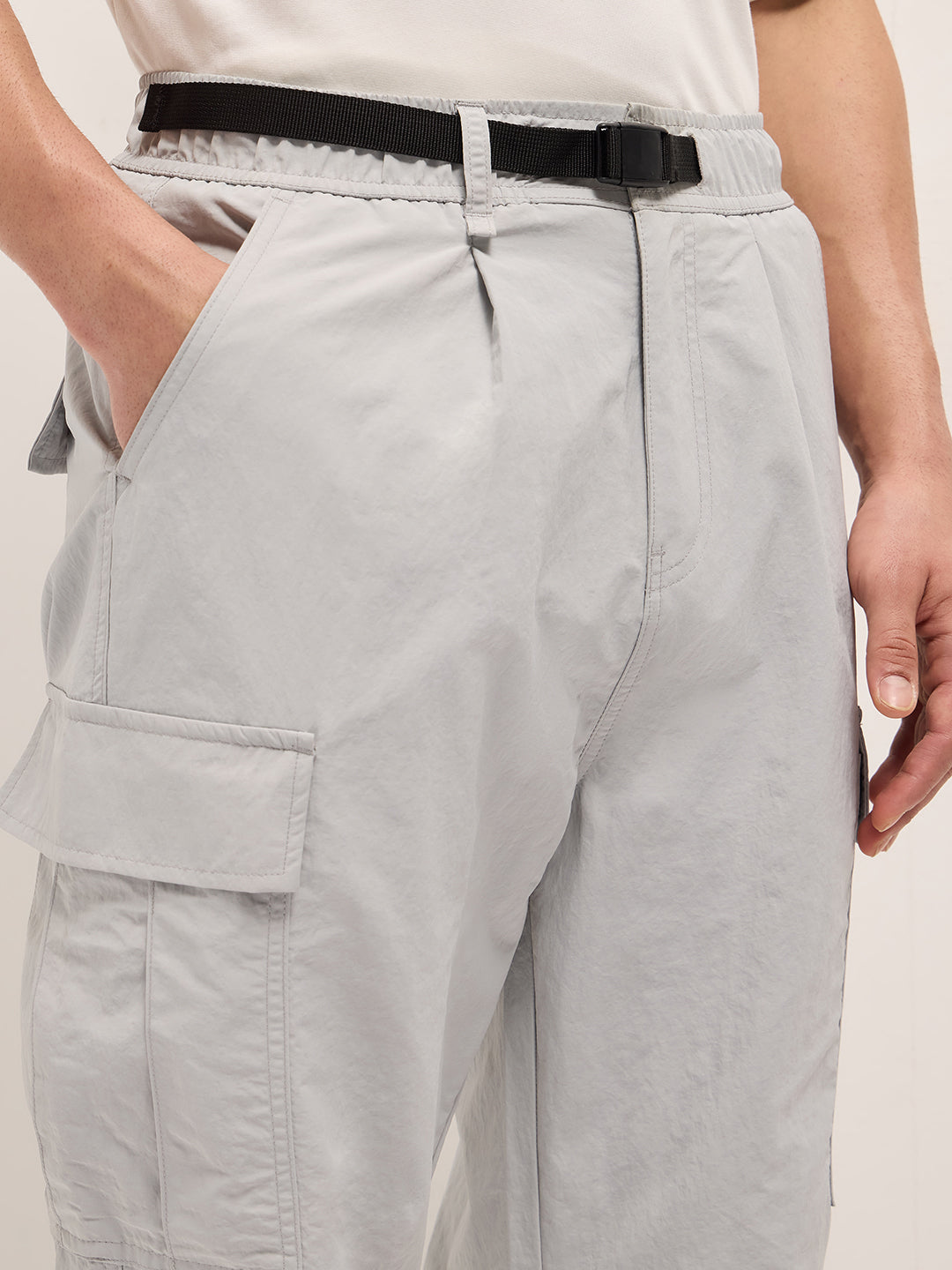 Grey Nylon Relaxed Fit Cargo Pants with Utility Pockets by The Bear House