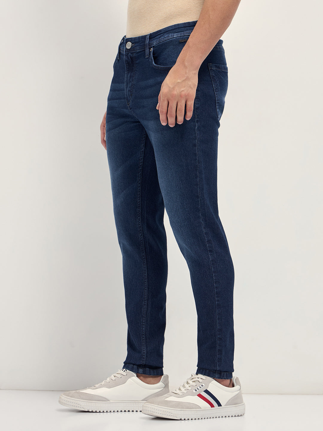 Dark Blue Mid-Rise Slim Fit Jeans with Light Fade by The Bear House