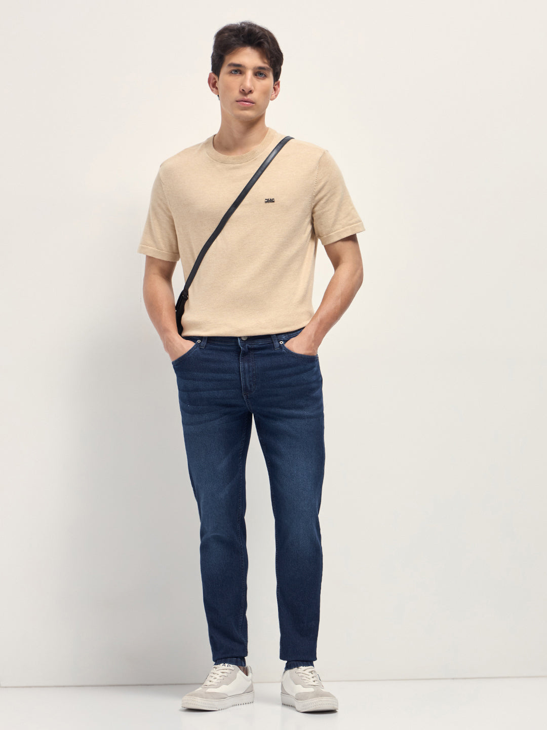 Dark Blue Mid-Rise Slim Fit Jeans with Light Fade by The Bear House
