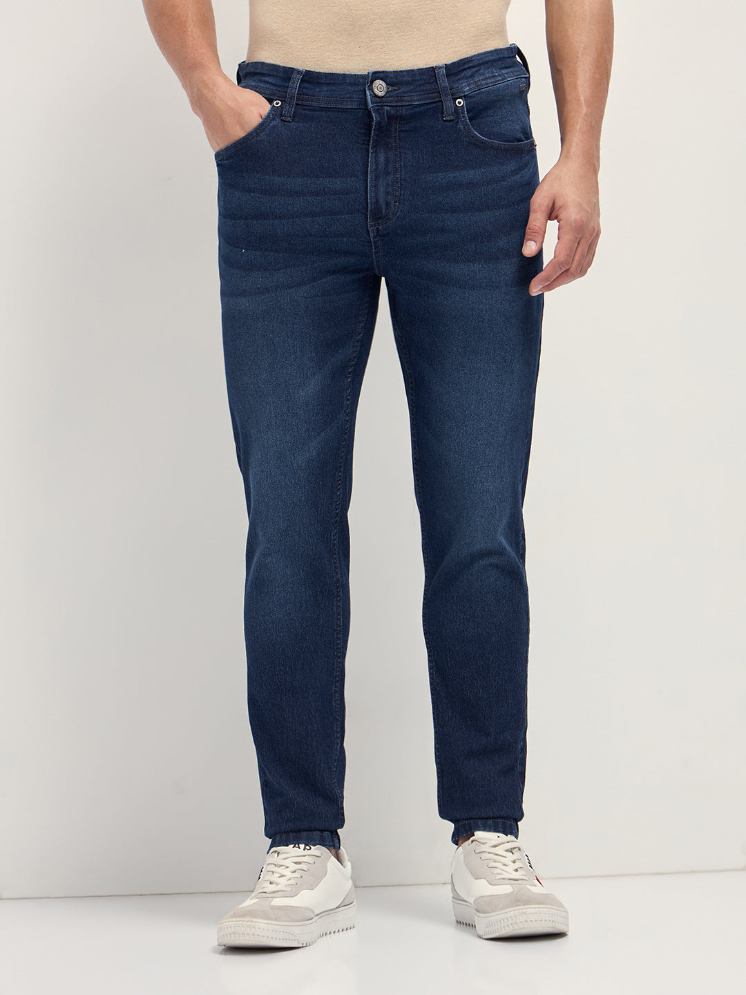 Dark Blue Mid-Rise Slim Fit Jeans with Light Fade by The Bear House