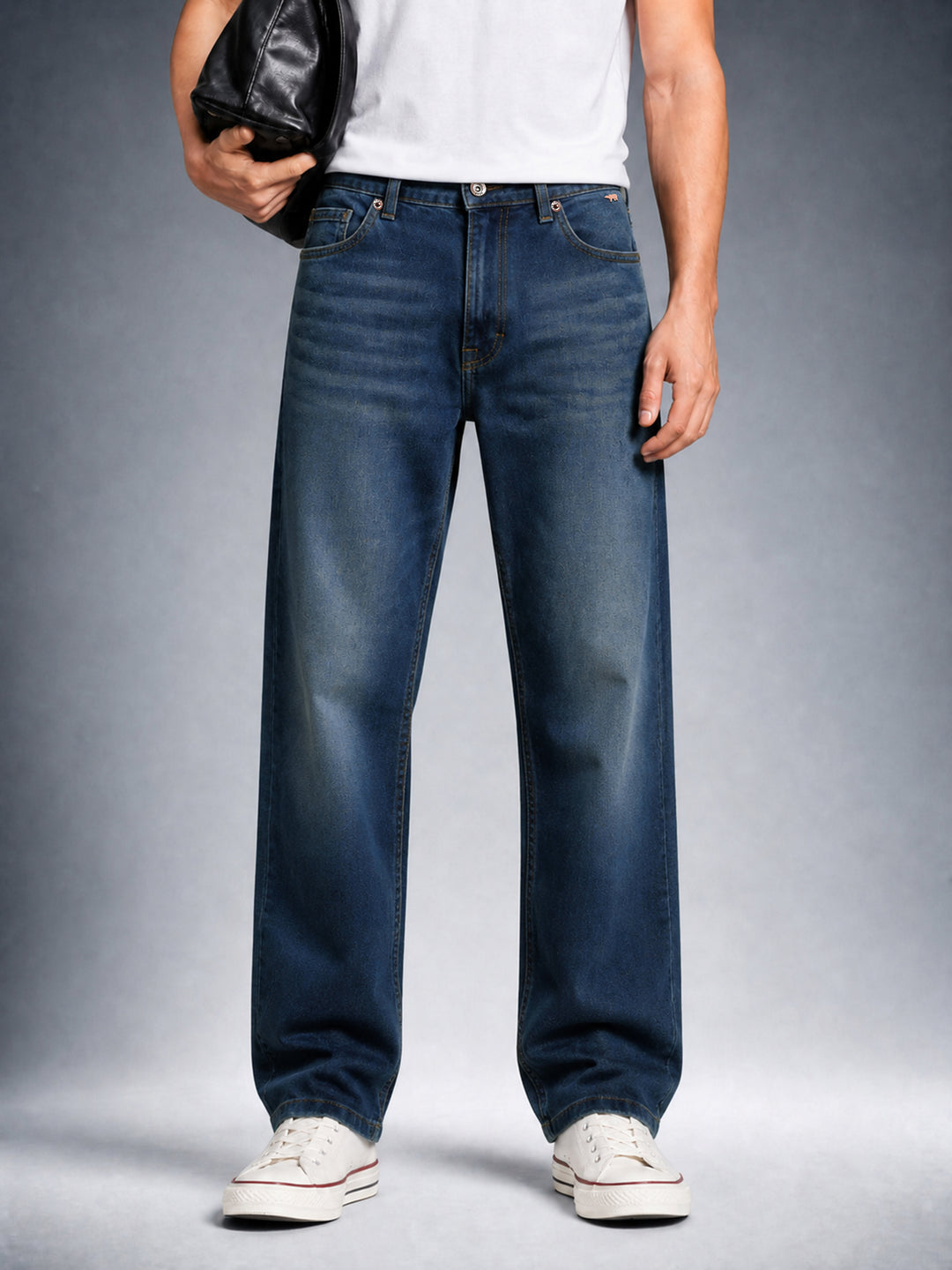 Bear Neo Dark Blue Mid-Rise Relax Fit Jeans with Light Fade by The Bear House
