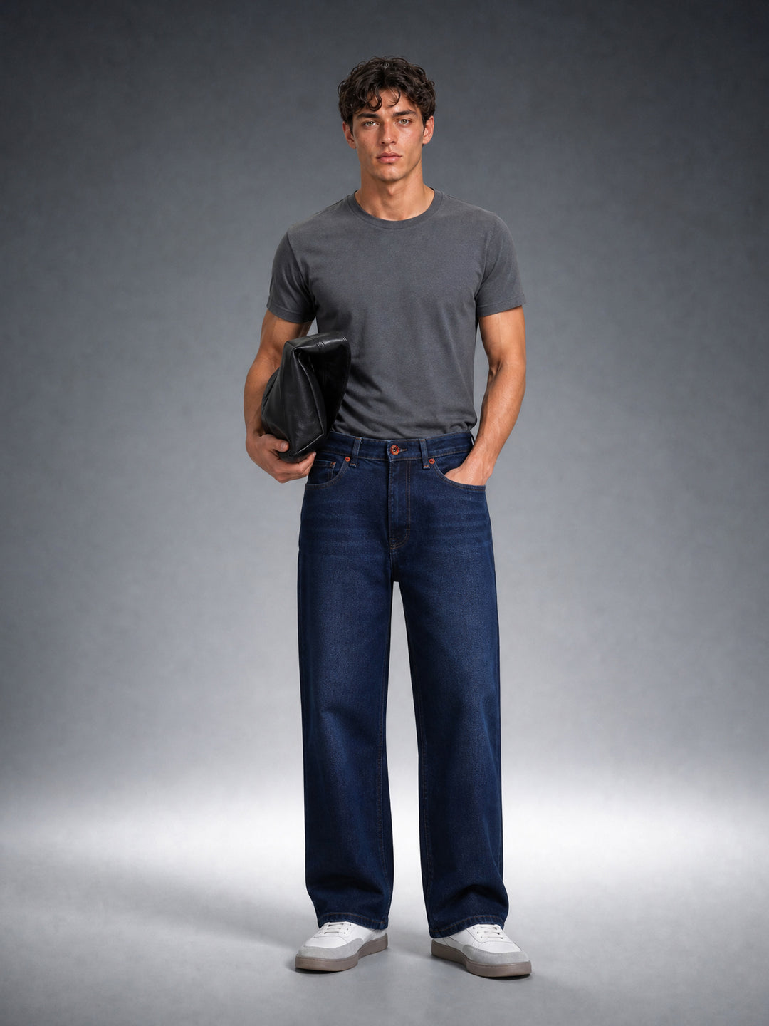 Bear Neo Dark Blue Mid-Rise Baggy Fit Jeans with Light Fade by The Bear House
