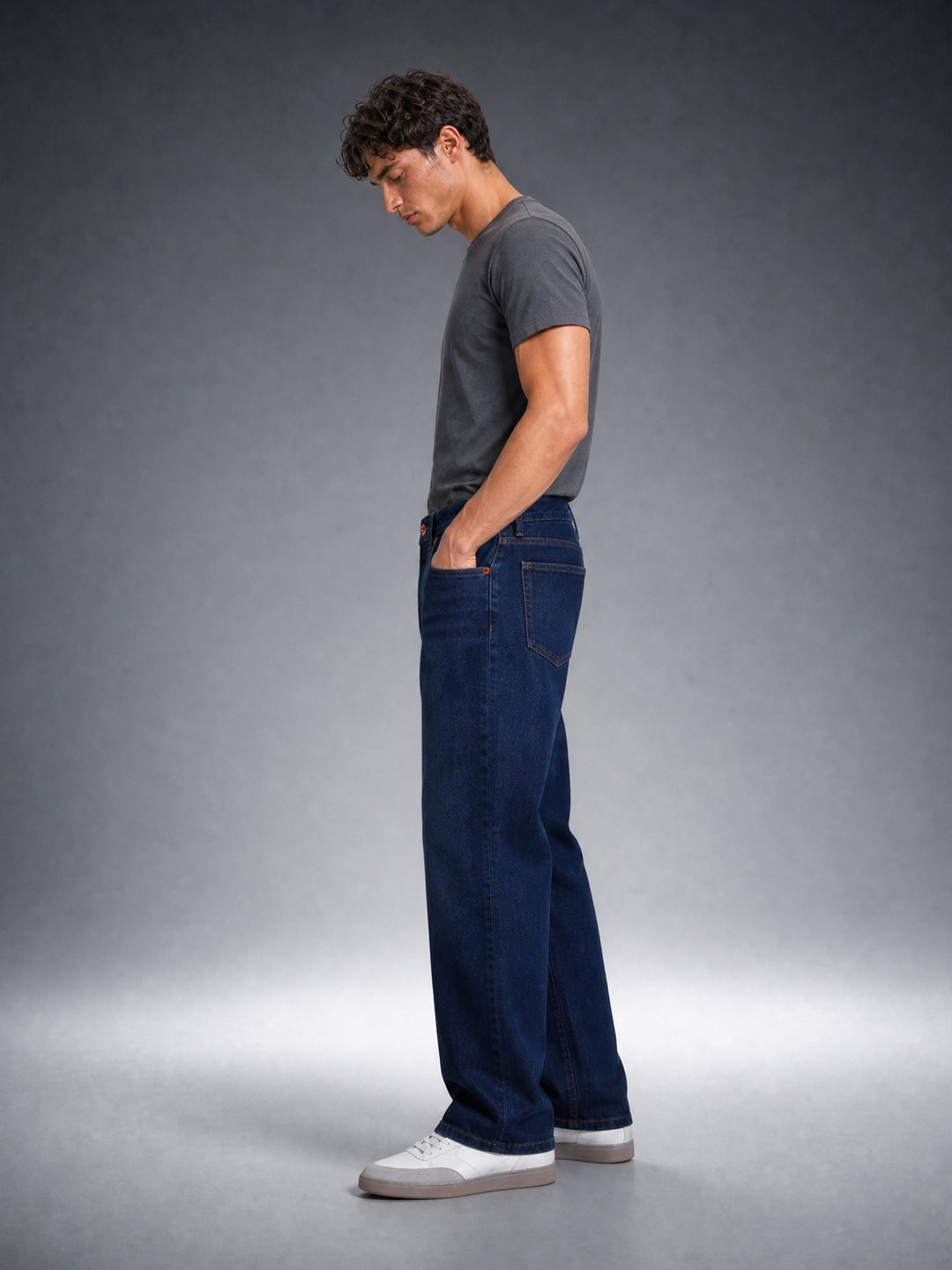 Bear Neo Dark Blue Mid-Rise Baggy Fit Jeans with Light Fade by The Bear House