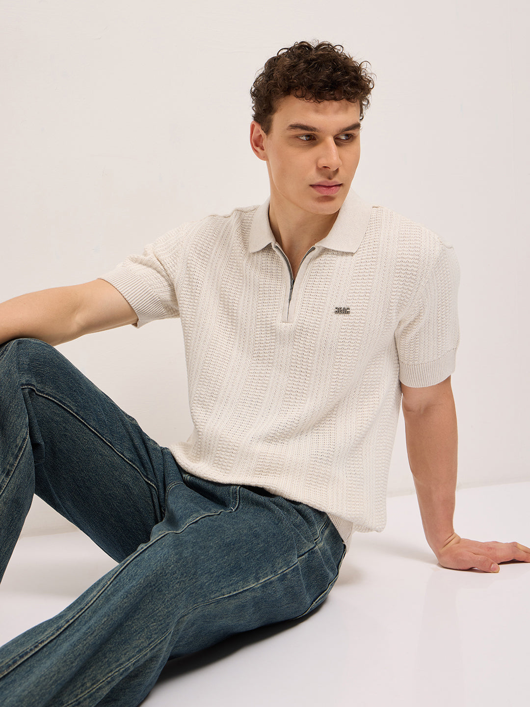 Beige Vertical Textured Flat Knit Slim Fit Polo Shirt with Zip Placket by The Bear House