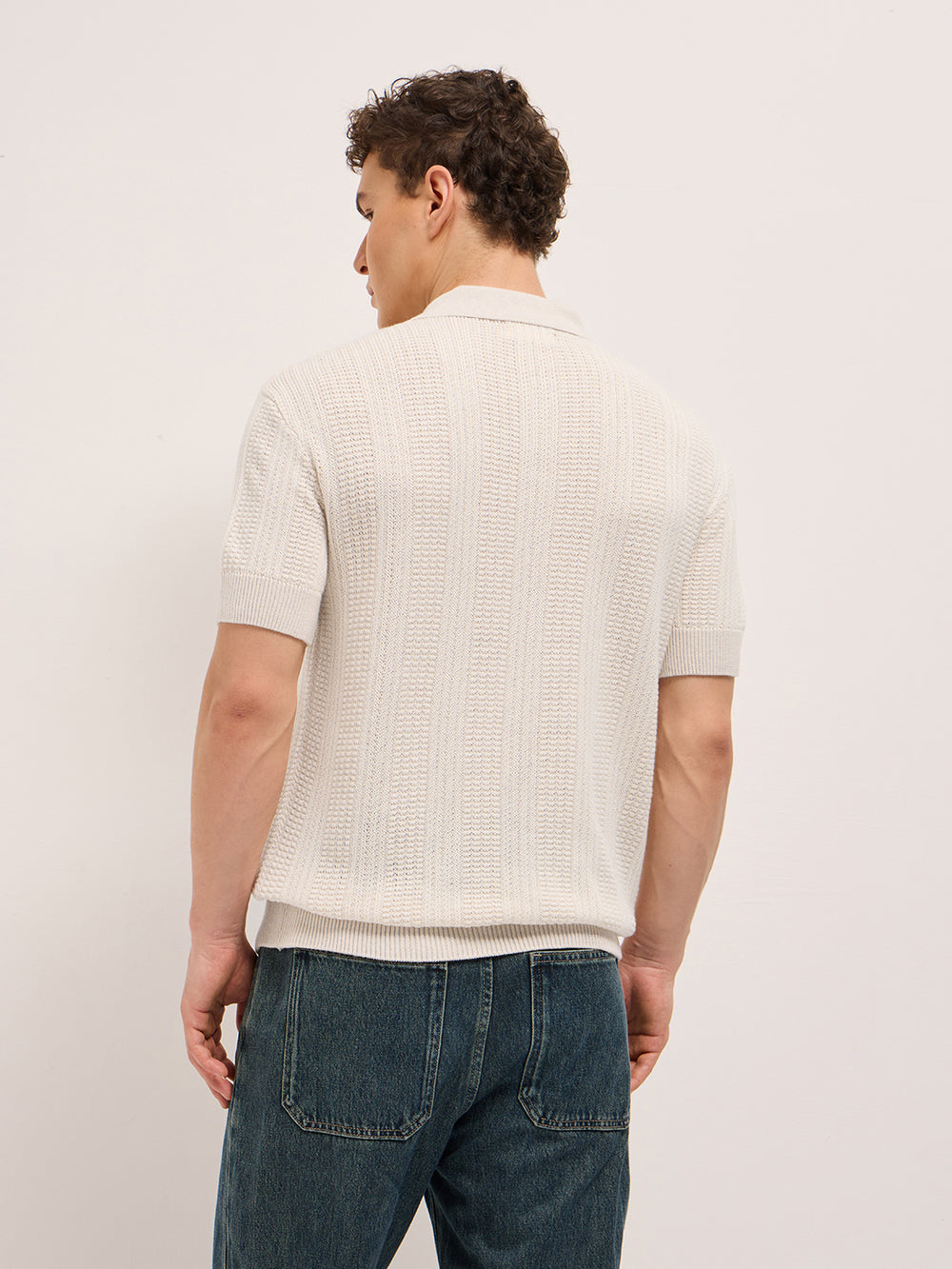 Beige Vertical Textured Flat Knit Slim Fit Polo Shirt with Zip Placket by The Bear House