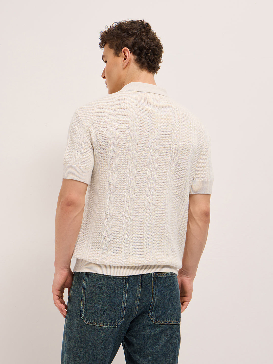 Beige Vertical Textured Flat Knit Slim Fit Polo Shirt with Zip Placket by The Bear House