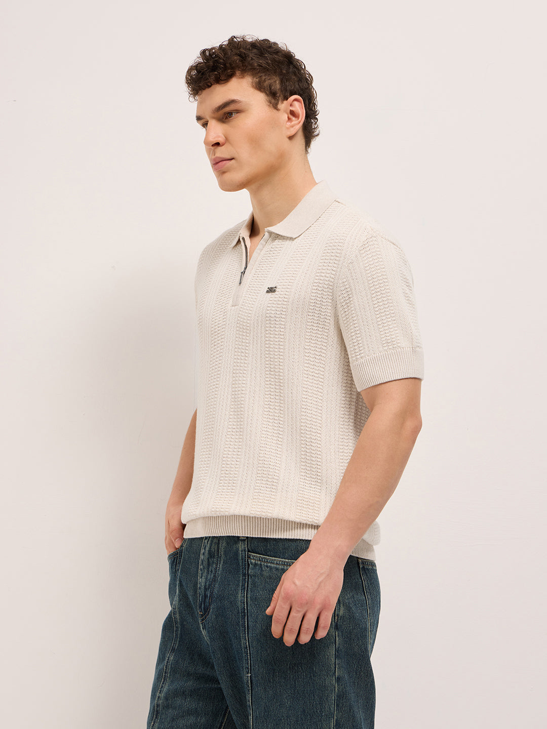 Beige Vertical Textured Flat Knit Slim Fit Polo Shirt with Zip Placket by The Bear House