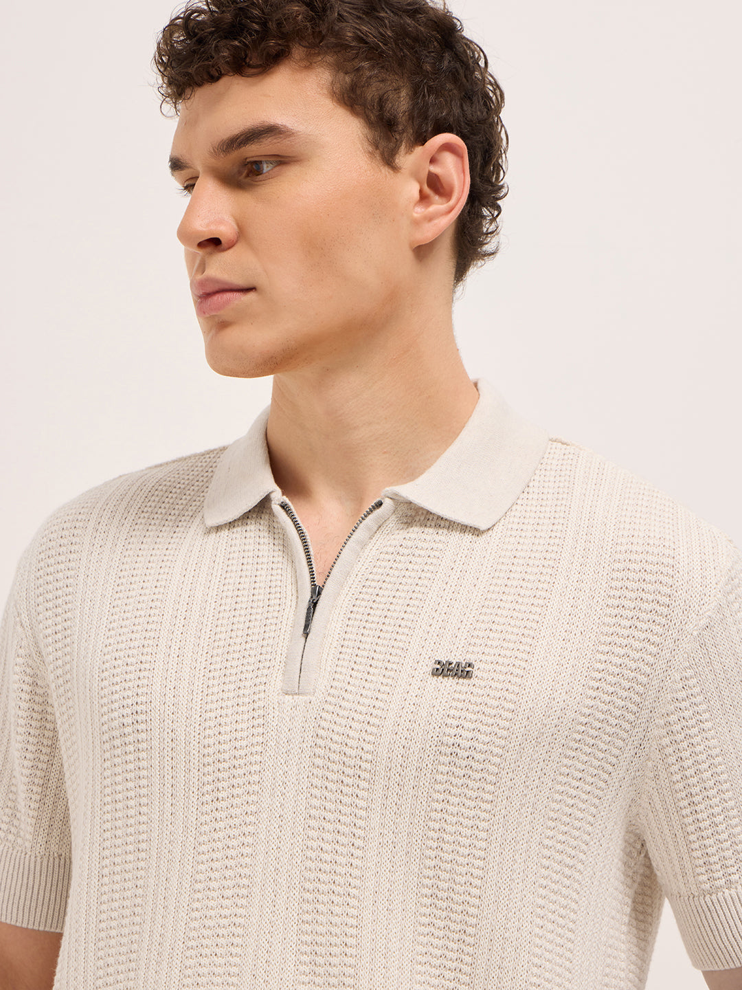 Beige Vertical Textured Flat Knit Slim Fit Polo Shirt with Zip Placket by The Bear House