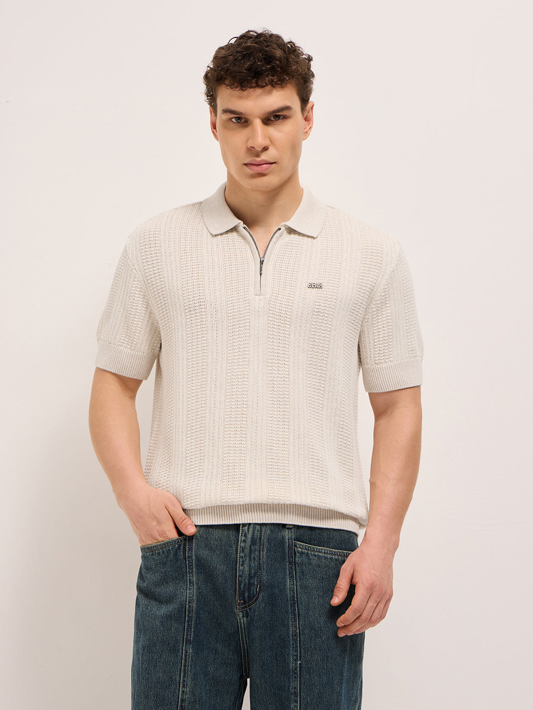 Beige Vertical Textured Flat Knit Slim Fit Polo Shirt with Zip Placket by The Bear House