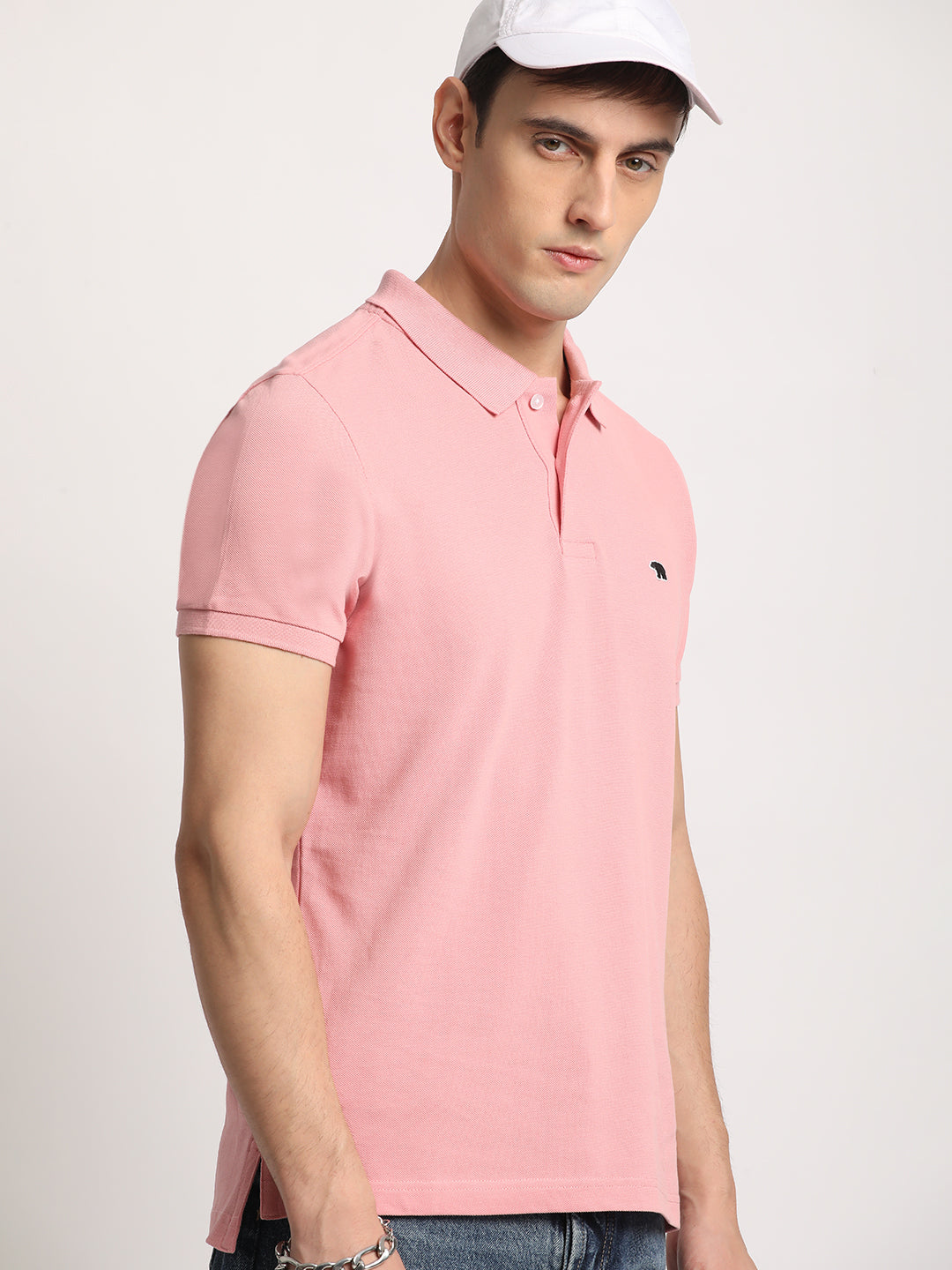 Men Pink Solid Slim Fit Polo Collar T-shirt by The Bear House