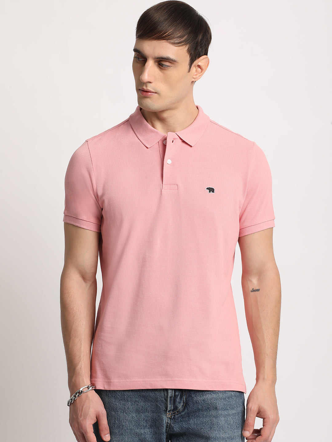Men Pink Solid Slim Fit Polo Collar T-shirt by The Bear House