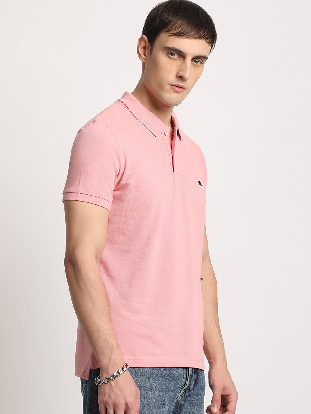 Men Pink Solid Slim Fit Polo Collar T-shirt by The Bear House