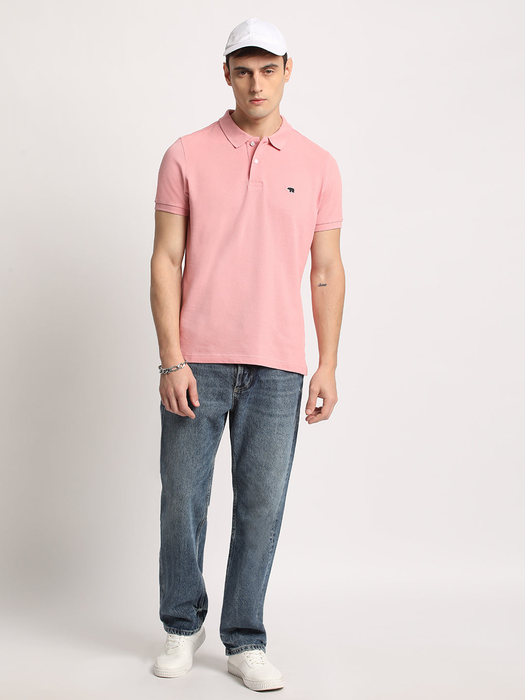 Men Pink Solid Slim Fit Polo Collar T-shirt by The Bear House