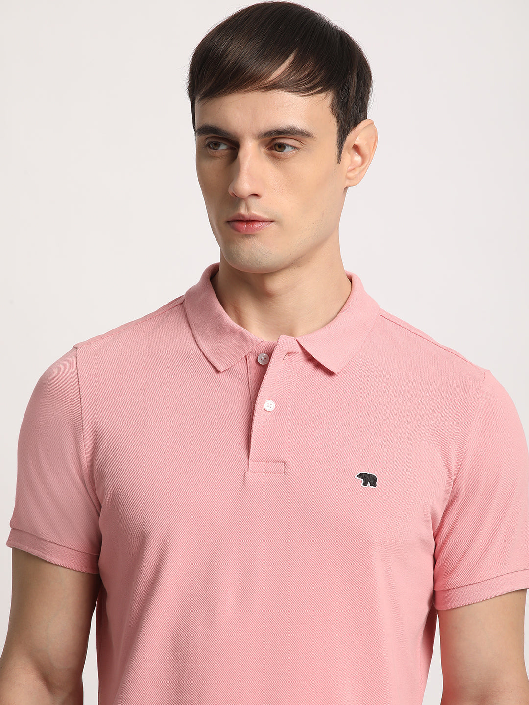 Men Pink Solid Slim Fit Polo Collar T-shirt by The Bear House