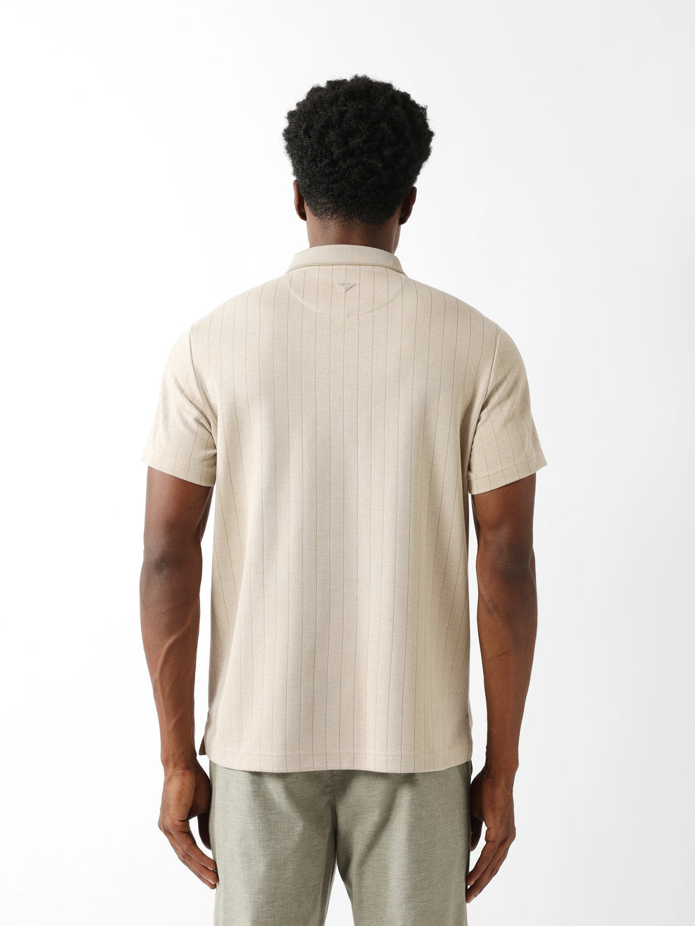 Beige Regular Fit Vertical Pinstripe Polo with Half-Zip Closure by The Bear House