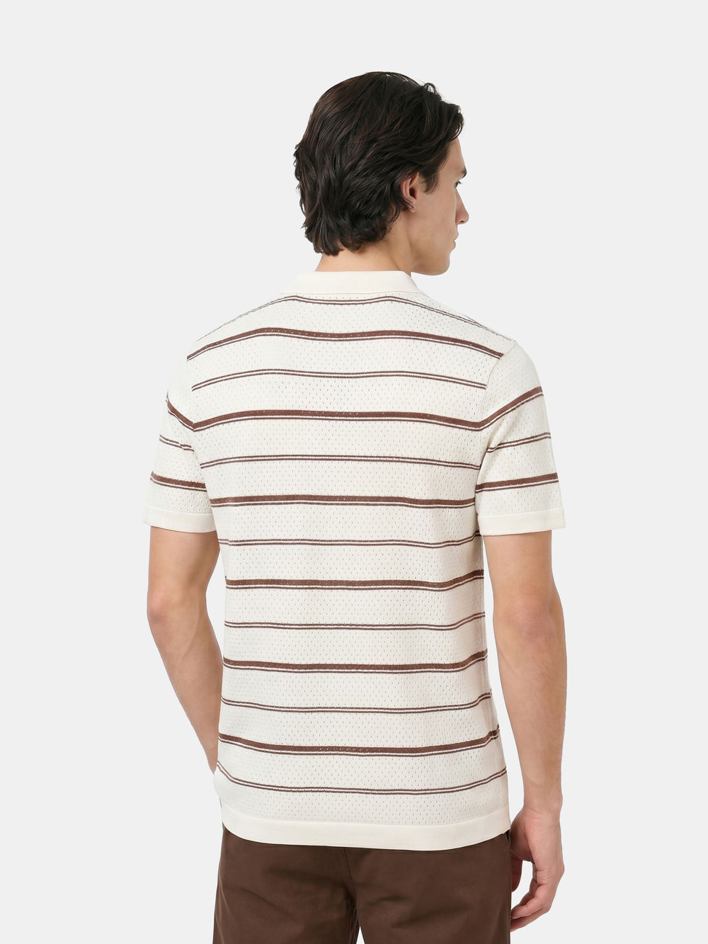 Off White Regular Fit Striped Semi-Transparent Polo with Button Placket by The Bear House