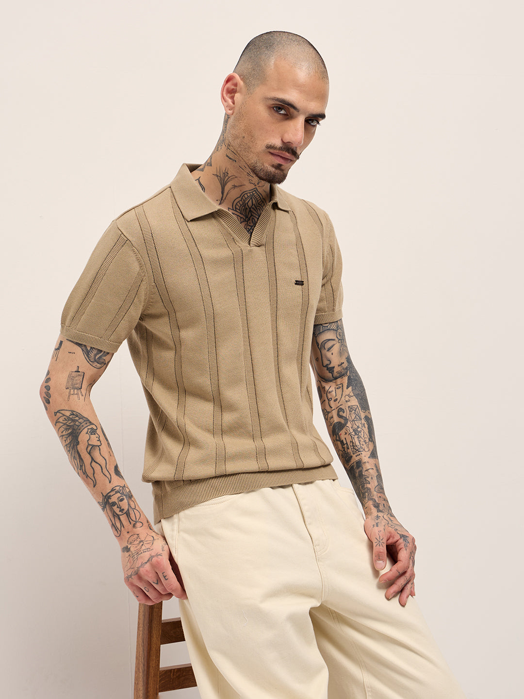Beige Textured vertical knit stripes Slim Fit Polo by The Bear House