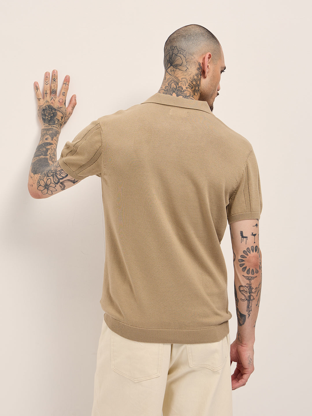 Beige Textured vertical knit stripes Slim Fit Polo by The Bear House