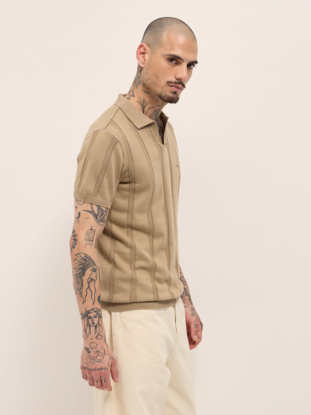 Beige Textured vertical knit stripes Slim Fit Polo by The Bear House