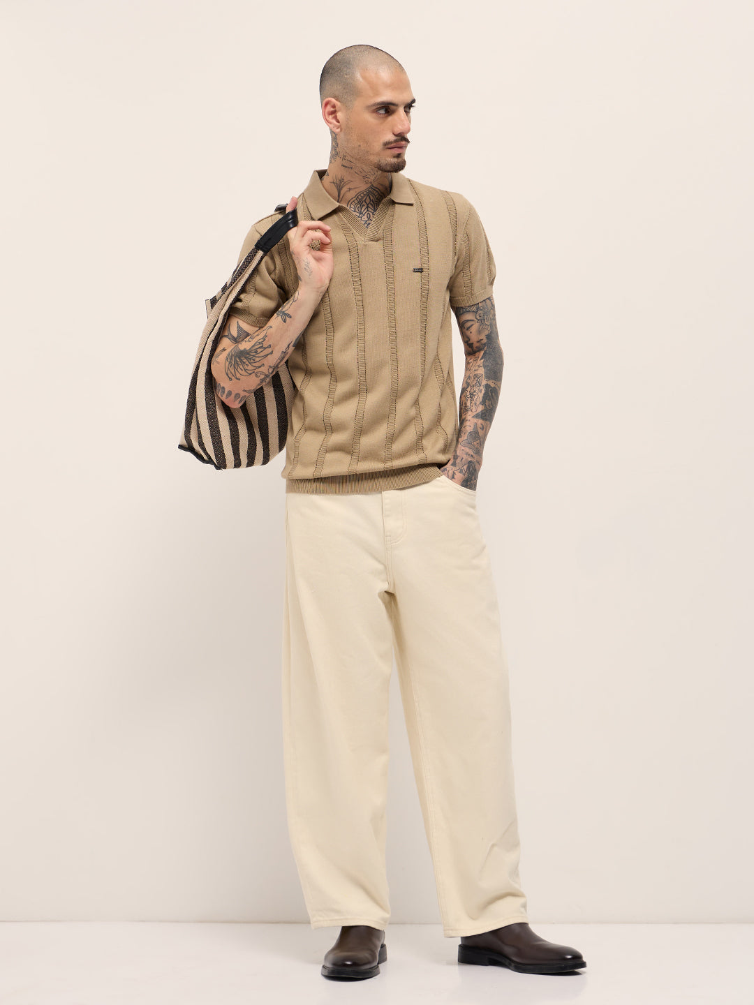 Beige Textured vertical knit stripes Slim Fit Polo by The Bear House