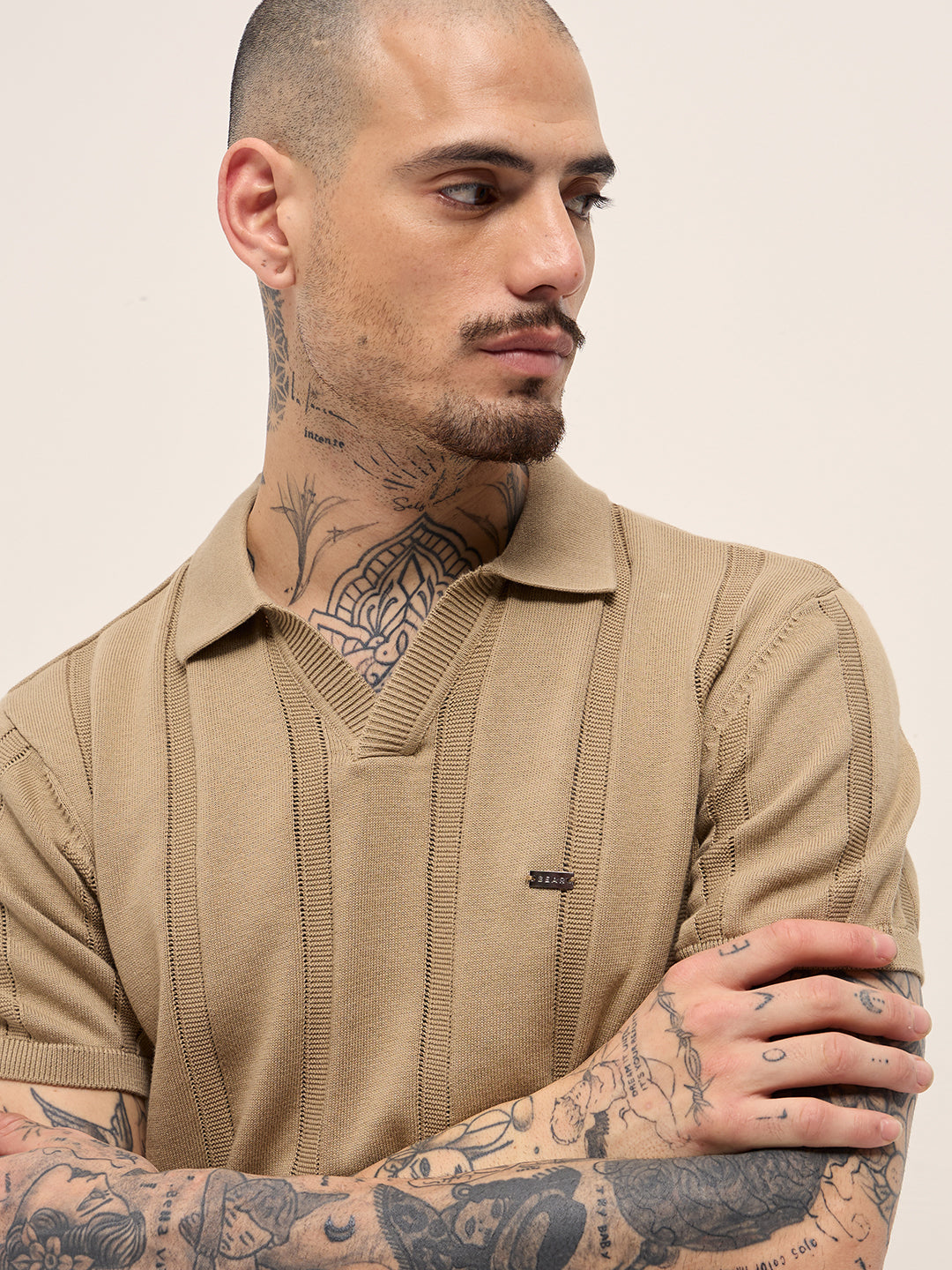 Beige Textured vertical knit stripes Slim Fit Polo by The Bear House