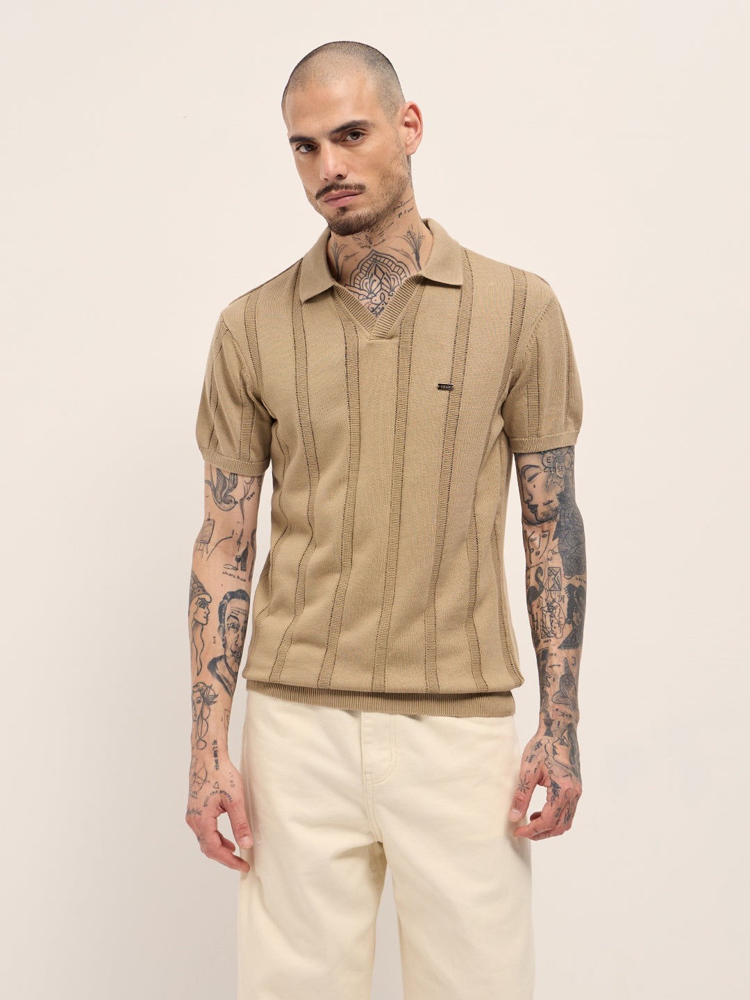 Beige Textured vertical knit stripes Slim Fit Polo by The Bear House