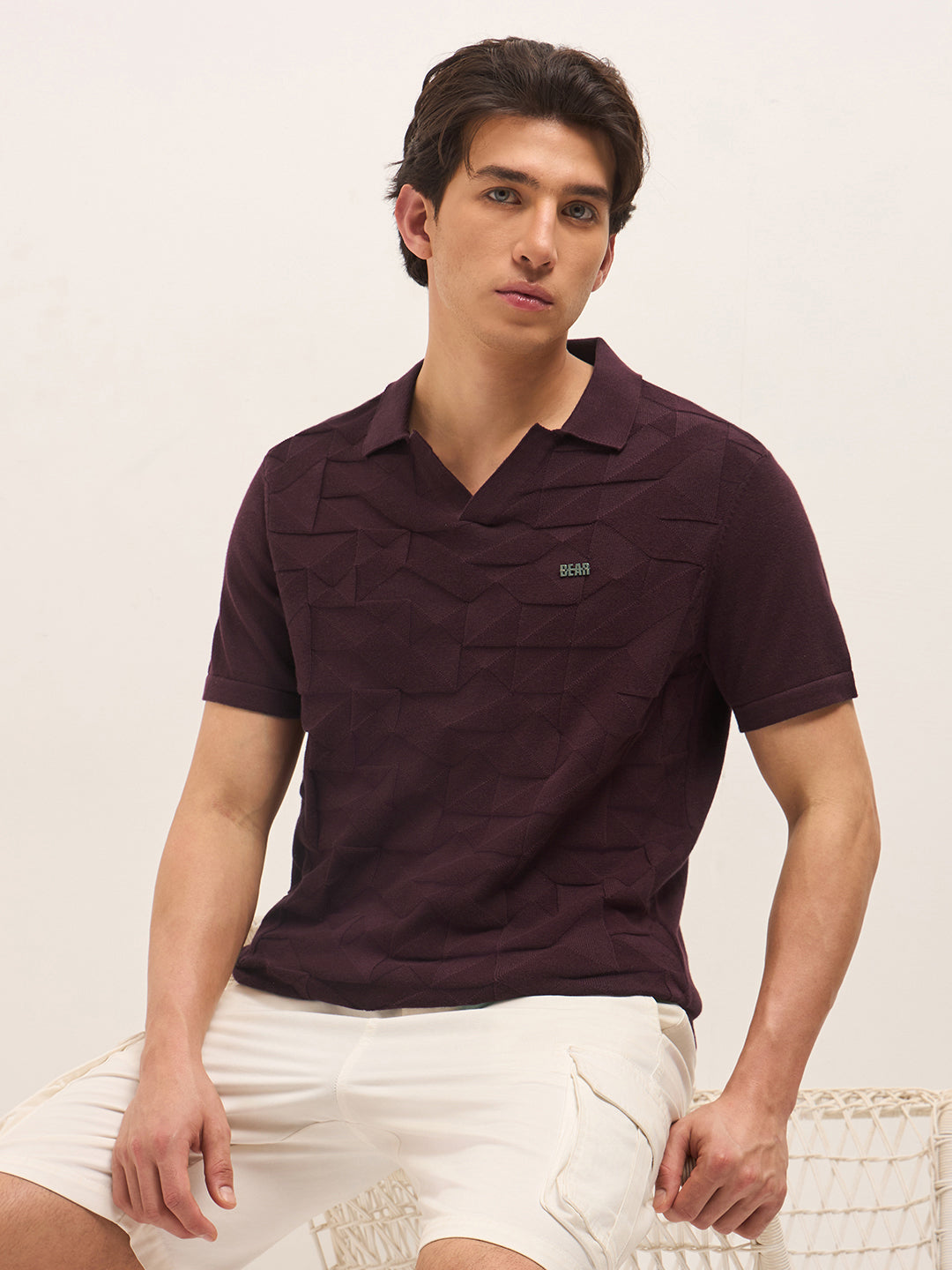 Maroon Regular Fit Geometrical Embossed Knit Polo with Buttonless Placket by The Bear House