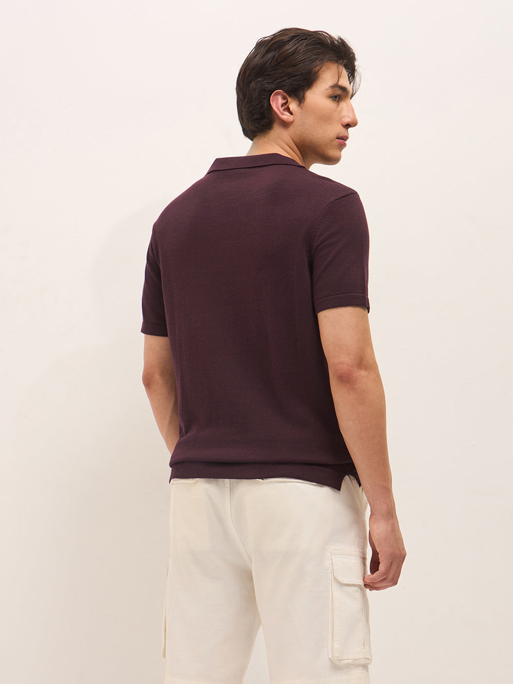 Maroon Regular Fit Geometrical Embossed Knit Polo with Buttonless Placket by The Bear House