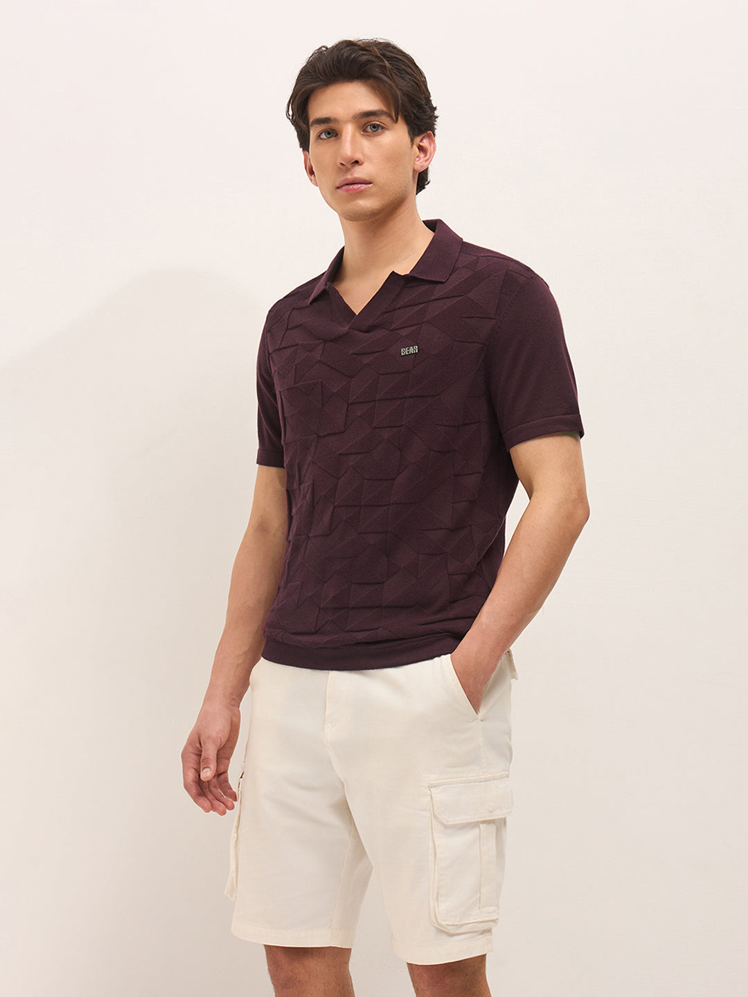 Maroon Regular Fit Geometrical Embossed Knit Polo with Buttonless Placket by The Bear House