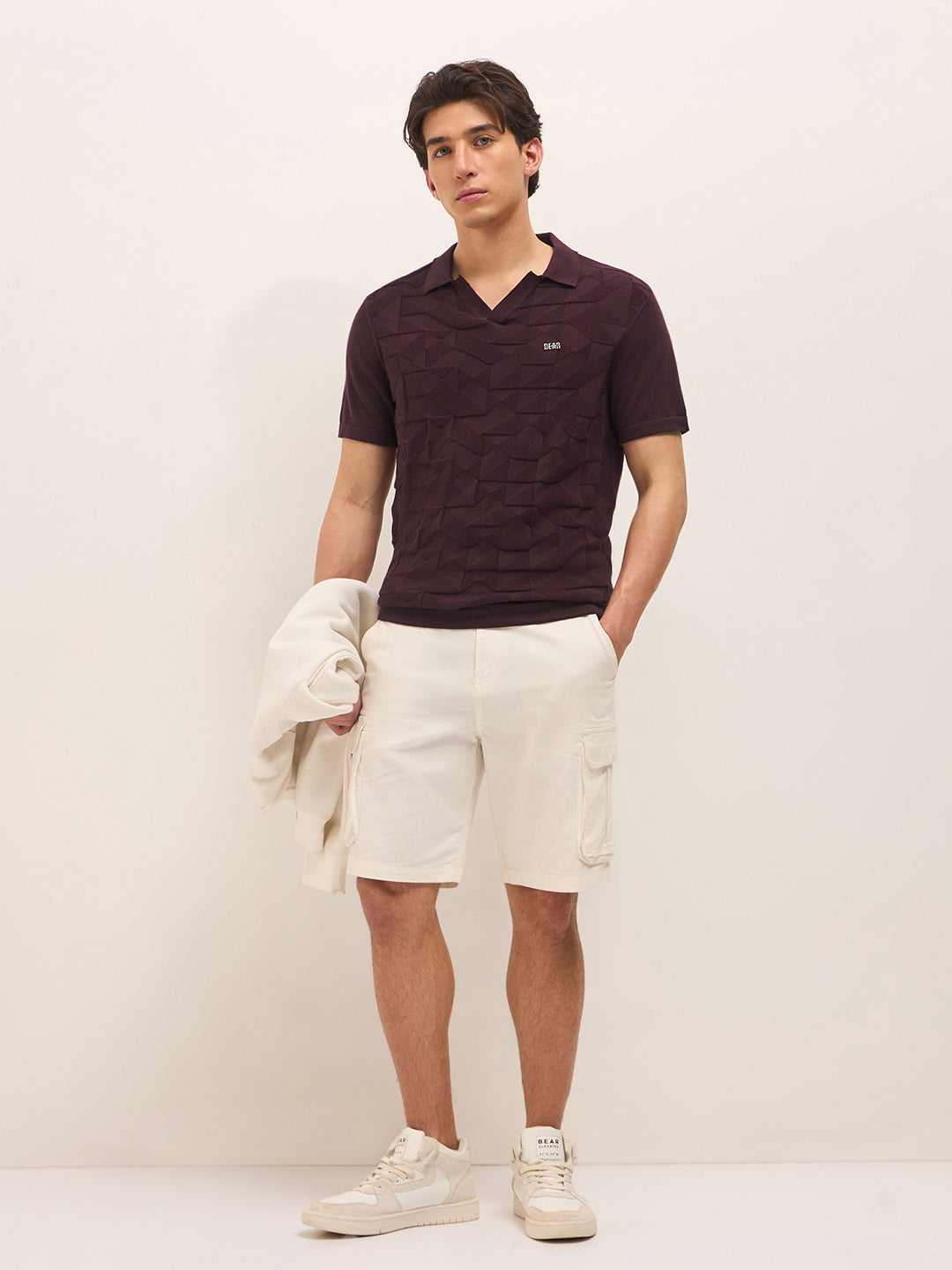 Maroon Regular Fit Geometrical Embossed Knit Polo with Buttonless Placket by The Bear House