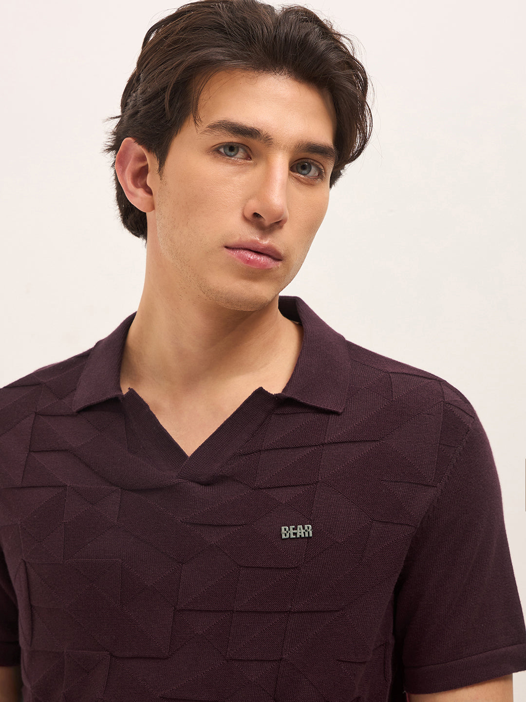 Maroon Regular Fit Geometrical Embossed Knit Polo with Buttonless Placket by The Bear House