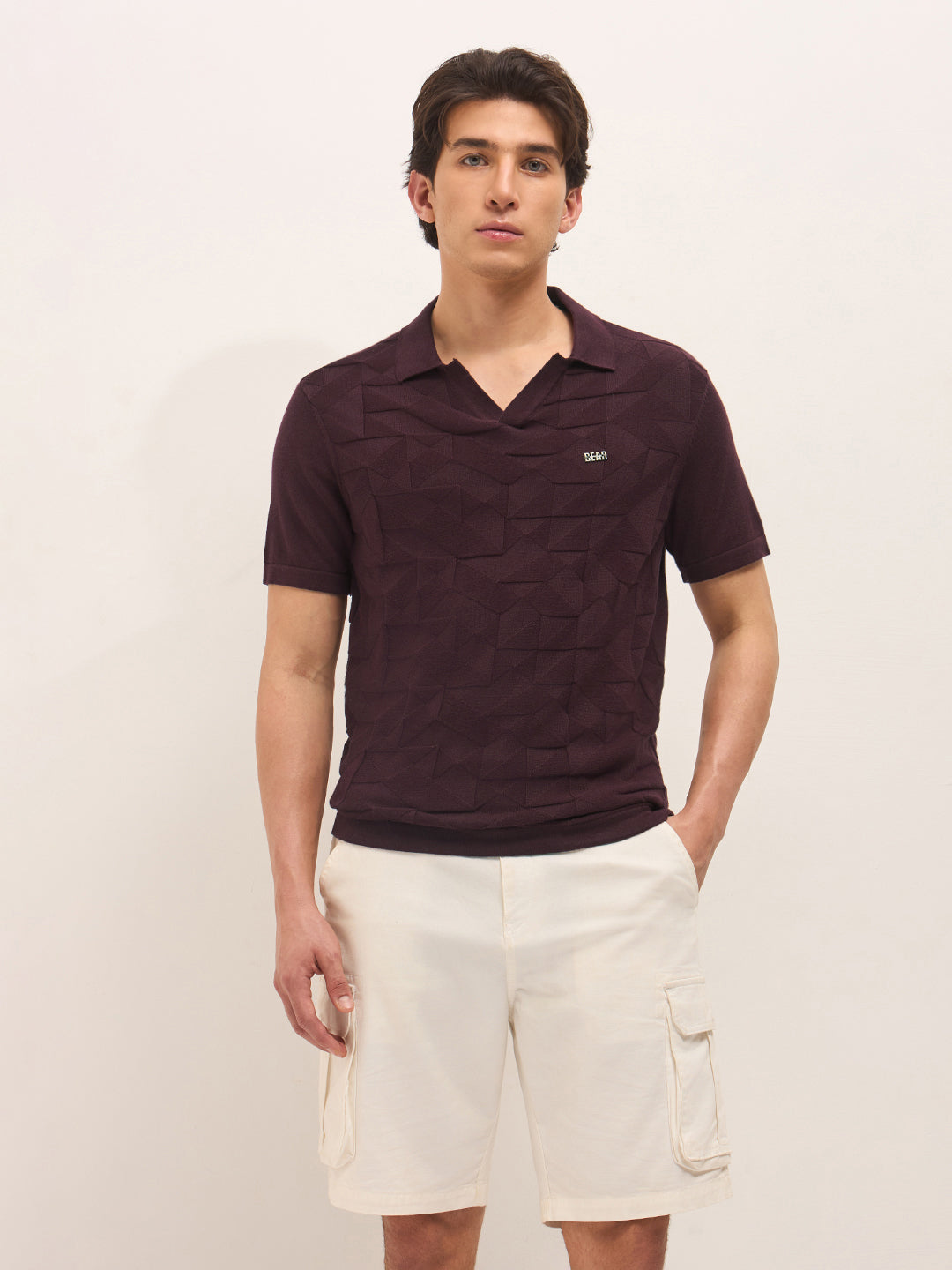 Maroon Regular Fit Geometrical Embossed Knit Polo with Buttonless Placket by The Bear House