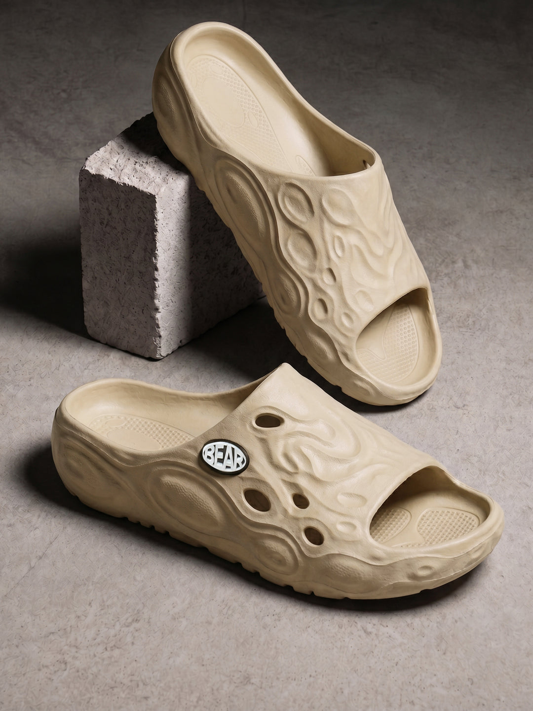 Beige Textured Slip-On Casual Slides by The Bear House