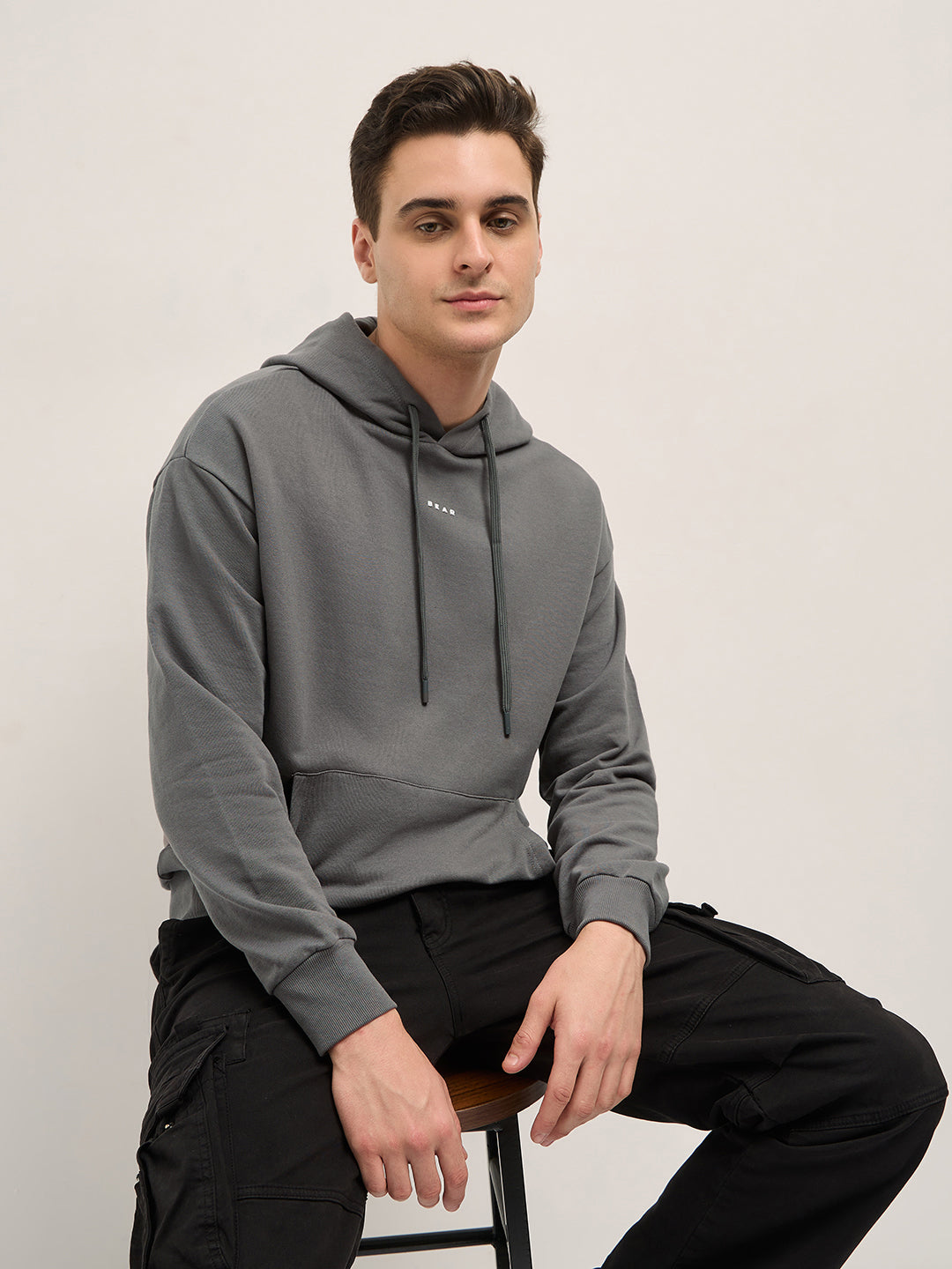 Odense: Grey Solid Relaxed Fit Full Sleeve Hoodie for Men by The Bear House