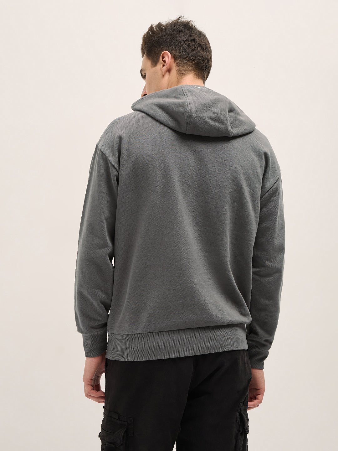 Grey Solid Relax Fit Hoodie by The Bear House