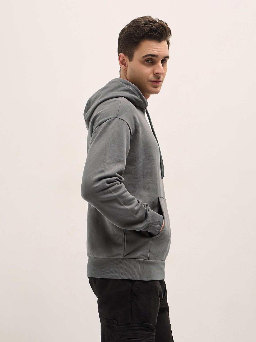 Grey Solid Relax Fit Hoodie by The Bear House