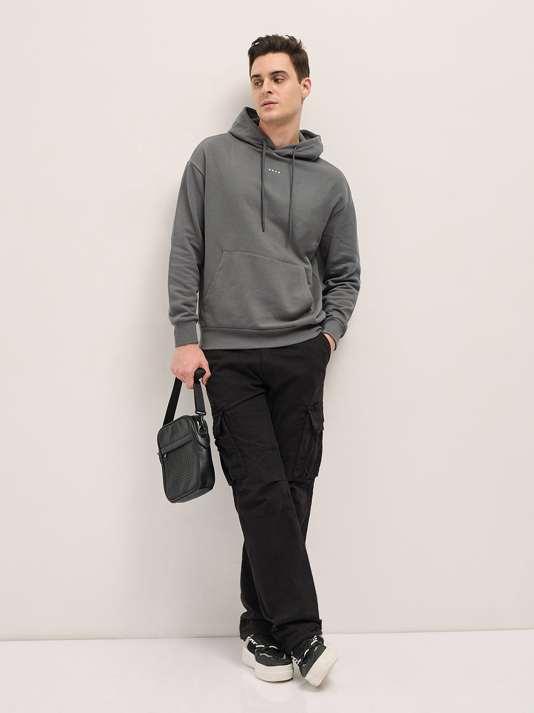 Grey Solid Relax Fit Hoodie by The Bear House