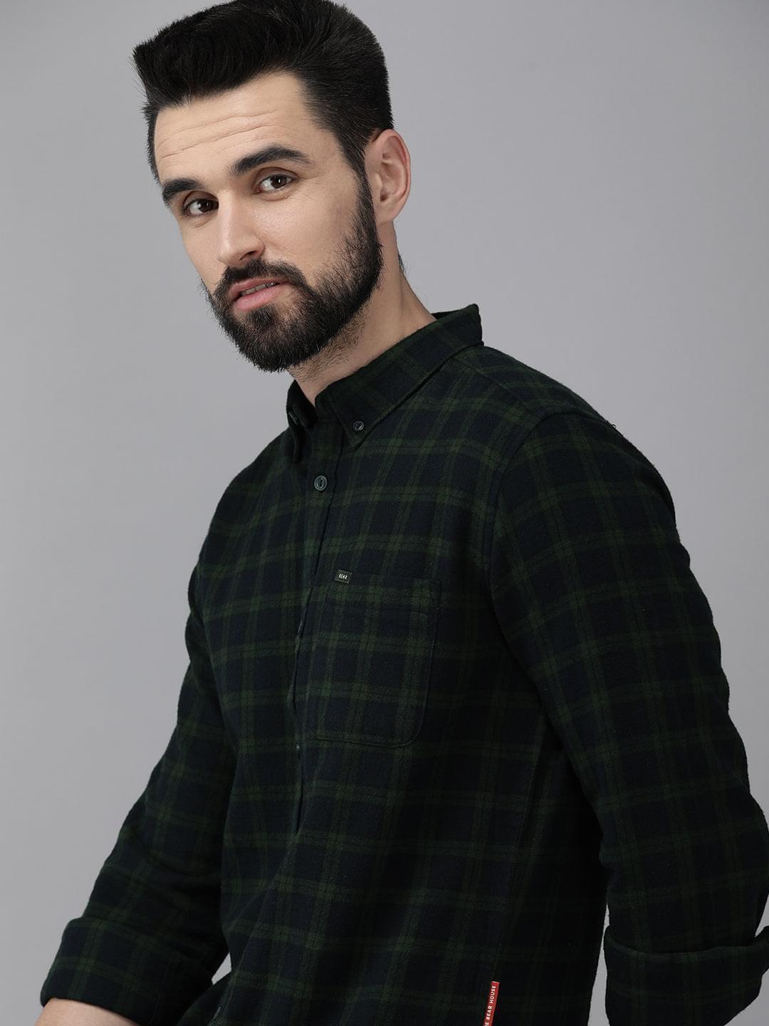 Men Green Checked Flannel Cotton Casual Shirt by The Bear House