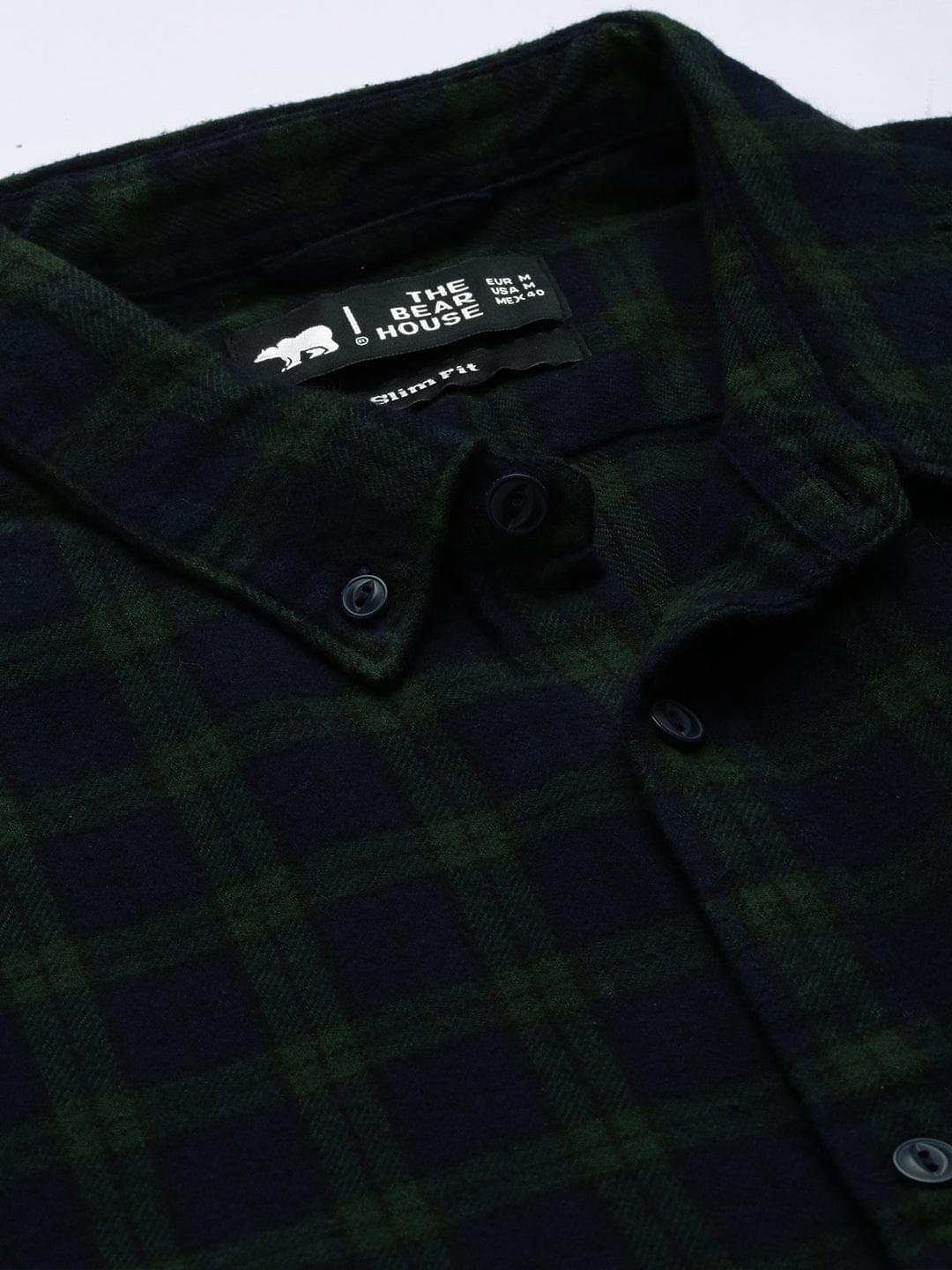 Men Green Checked Flannel Cotton Casual Shirt by The Bear House
