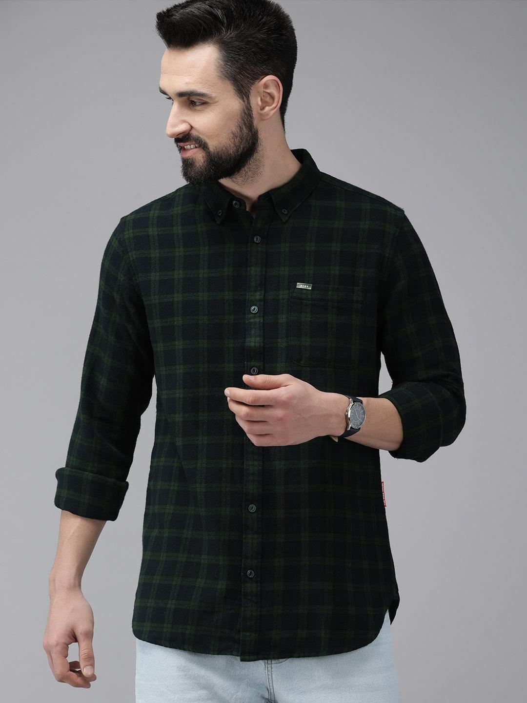 Men Green Checked Flannel Cotton Casual Shirt by The Bear House