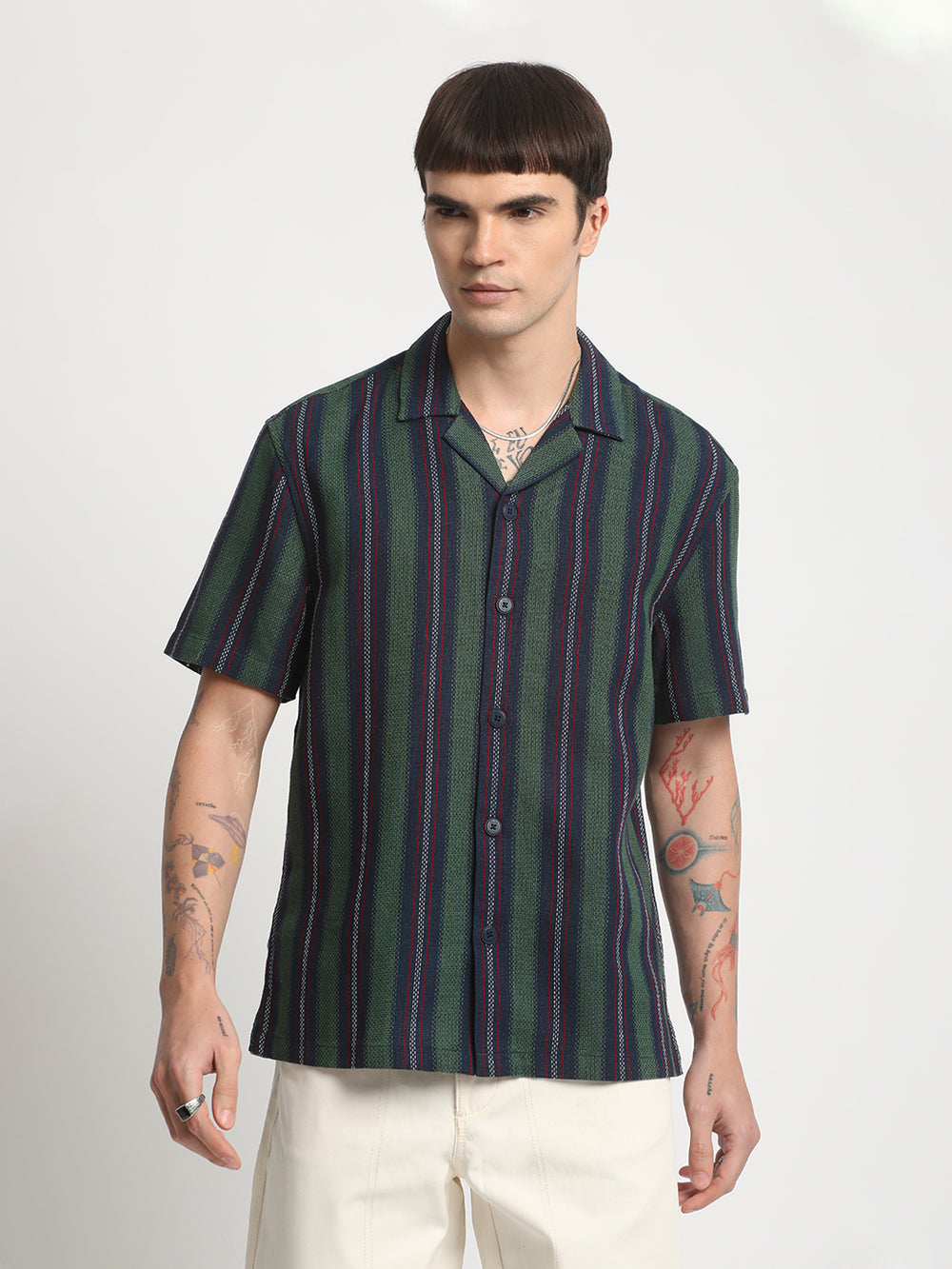 Men Multi-Colour Striped Regular Fit Cotton Casual Shirt by The Bear House