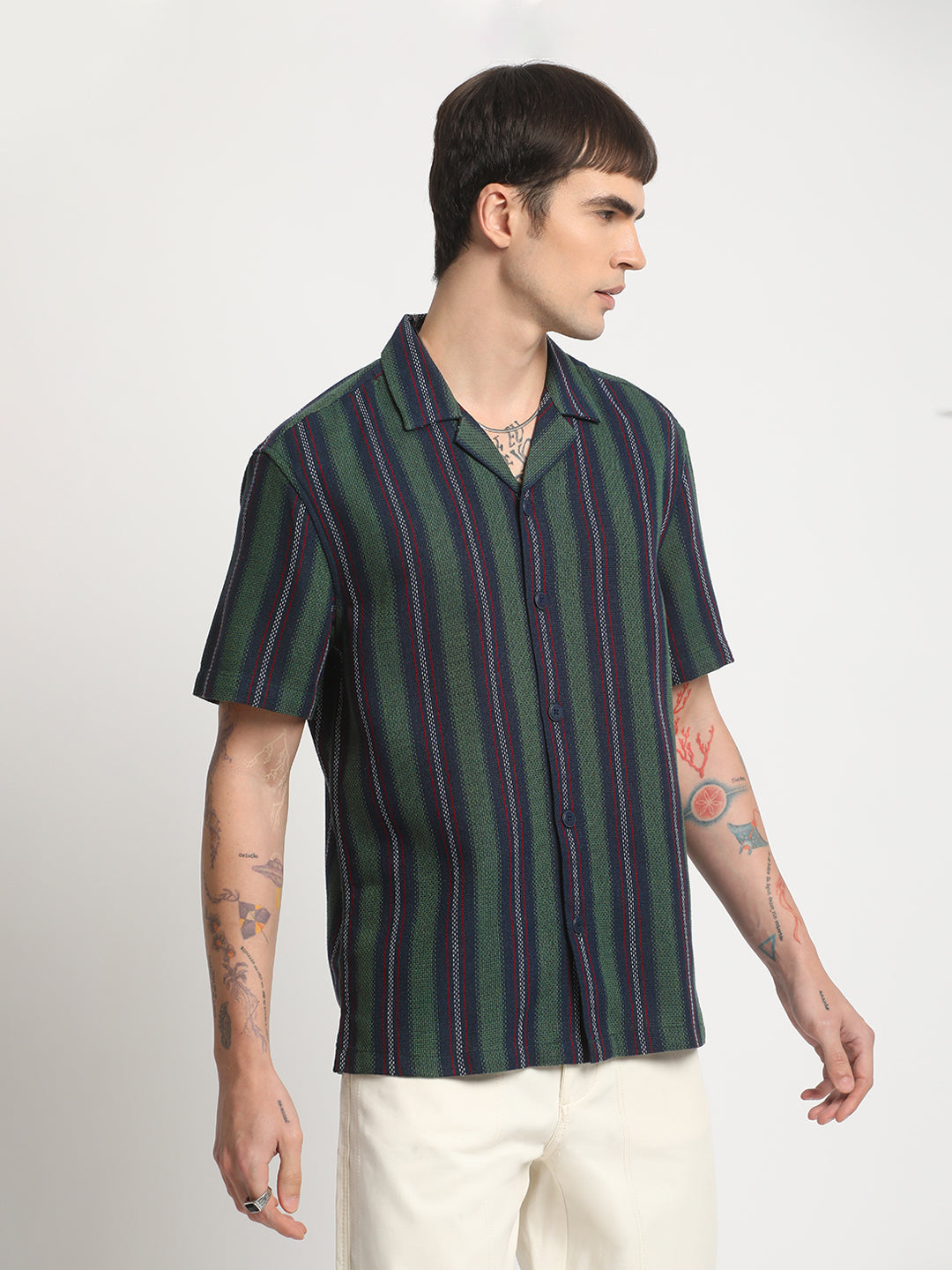 Men Multi-Colour Striped Regular Fit Cotton Casual Shirt by The Bear House