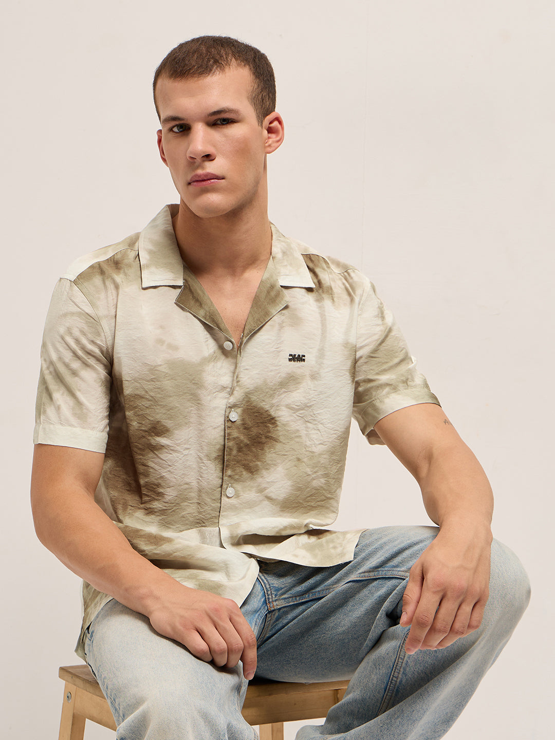 Beige Faded Abstract Print Relaxed Fit Cuban Collar Shirt by The Bear House