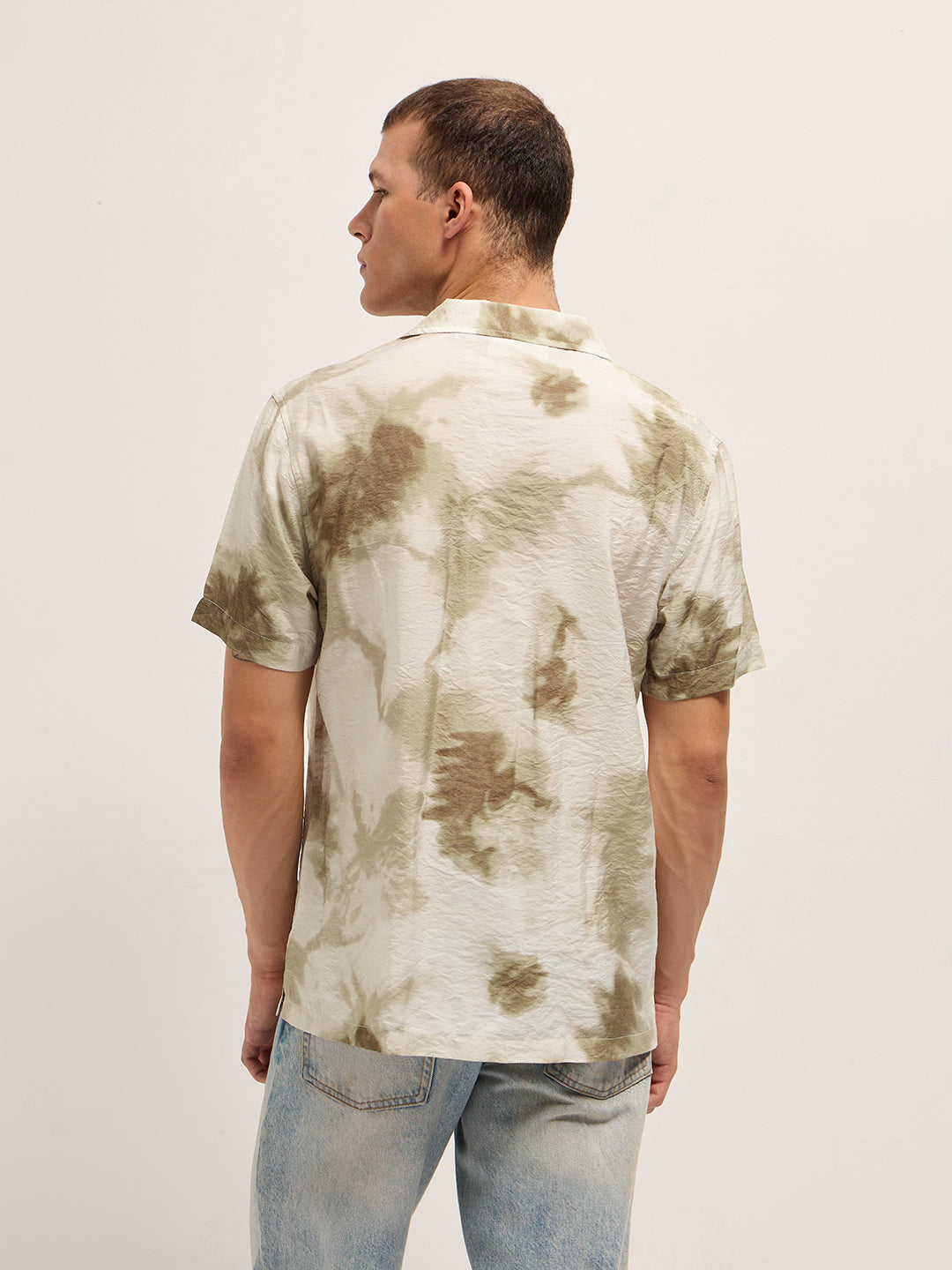 Beige Faded Abstract Print Relaxed Fit Cuban Collar Shirt by The Bear House