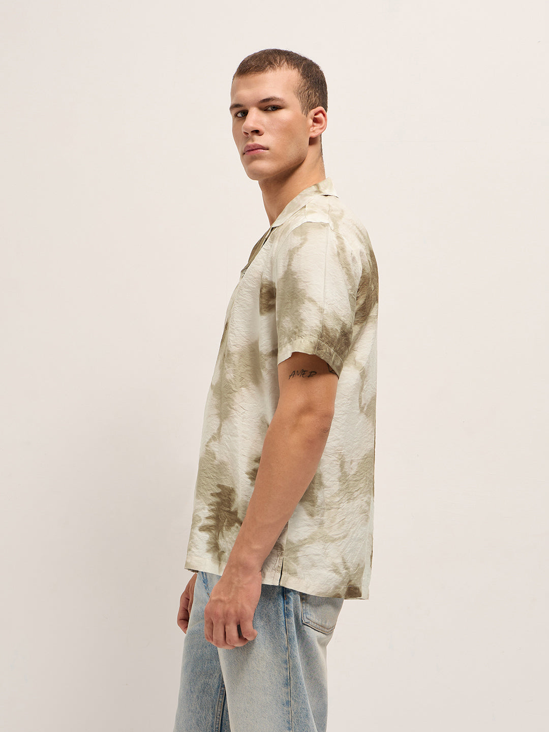 Beige Faded Abstract Print Relaxed Fit Cuban Collar Shirt by The Bear House