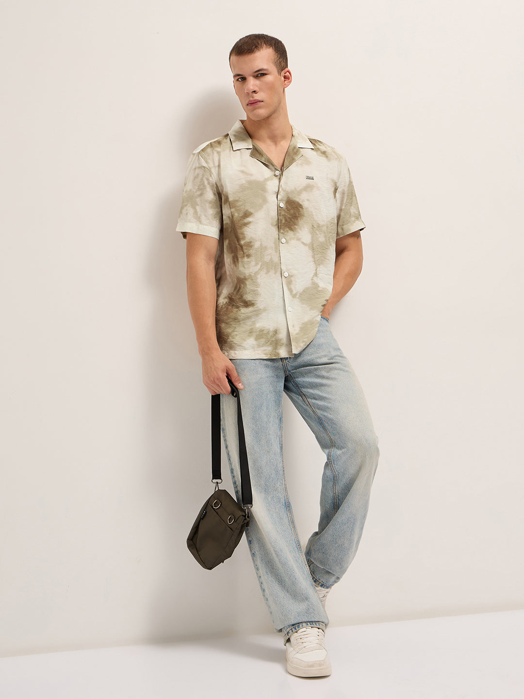 Beige Faded Abstract Print Relaxed Fit Cuban Collar Shirt by The Bear House